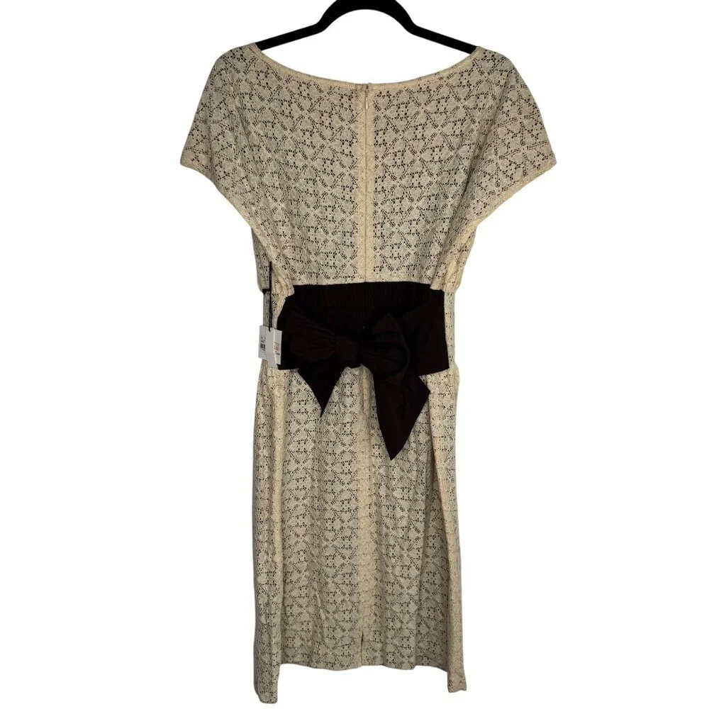 NWT Kate Hill Beige & Brown Lace Dress‎ Bow Tie Waist Cottagecore Prairie Sz 14P
